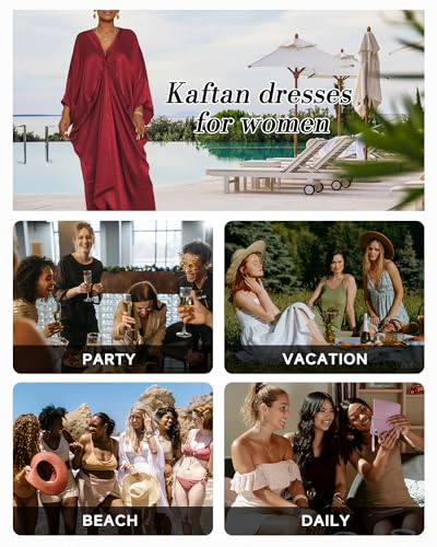 Bsubseach Kaftan Dresses for Women Satin V-Neck Caftans Coverups Long Dress Plus Size Beach Cover Up Red2