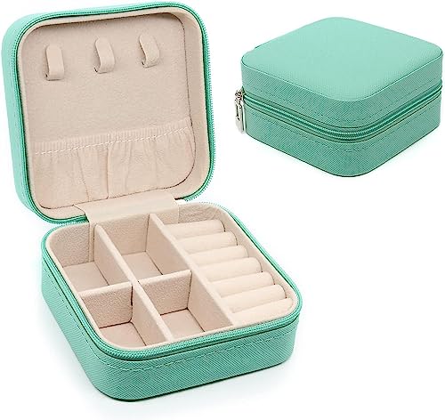 Awestuffs Jewellery Travel Case, Small Jewelry Box, Traveling Jewelry Organizer, PU Leather Storage Box, Portable Jewellery Storage Holder (Blue)