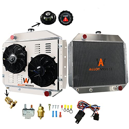 ALLOYWORKS 4 Row Core Aluminum Radiator Replacement for 1966-1979 Ford F-100 F-100 F-150 F-250 F-350 1978-1979 Ford Bronco Radiators With Shroud Fan Thermostat Relay Kit, L6 V8 Chevy Engines Only