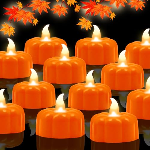 Fall Decorations for Home Pumpkin Tea Lights 12 Pack LED Orange Pumpkin Lights FlameLess Candles Battery Operated Thanksgiving Flickering Tealights Candles for Table Home Party Halloween Decor