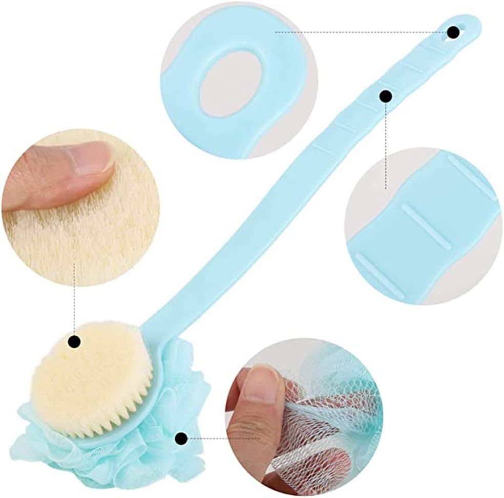 MosQuick® Double sided Loofah Back Scrubber Long Handle Shower Body Brush with Soft Mesh Sponge for Women men Skin Exfoliating Bath, Massage- set of 2