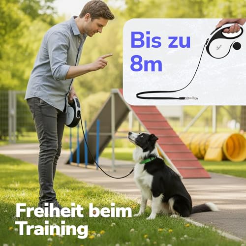 Zenova Pets Hundeleine 8 m – Rollleine mit Kotbeutelhalter – Strapazierfähige Ausziehleine für kleine, mittlere & große Hunde – Laufleine mit 360° Nylonband, Anti-Rutsch-Griff & Schnellbremsknopf