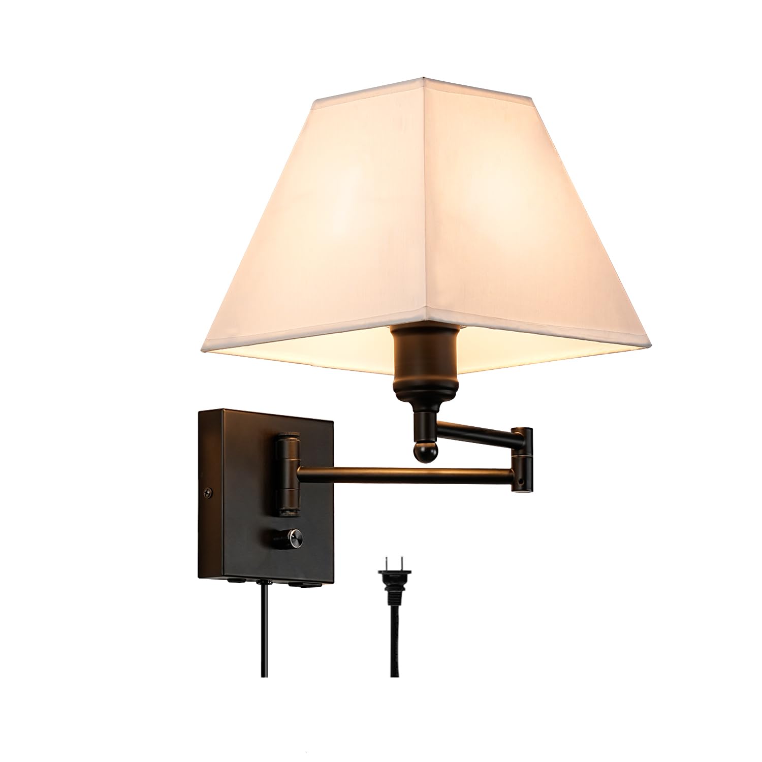 PFQCGU Swinging arm Wall lamp, Fabric lampshade, with Plug and dimming Rotary Switch, USB and Type-C Charging Port, Suitable for Bedside, Living Room, Hotel and Bedroom Wall Lamps