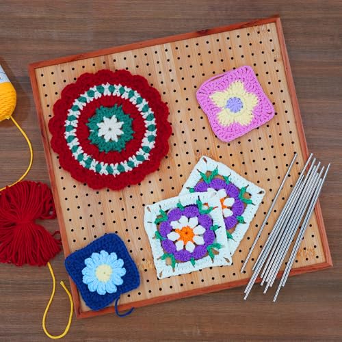 Image of HHSarioneiro 11.8 inch Crochet Blocking Board with 16 Pins /Pegs, Granny Square Blocking Boards for Crochet Projects, Wooden Crocheting Accessories Gifts for Crocheters