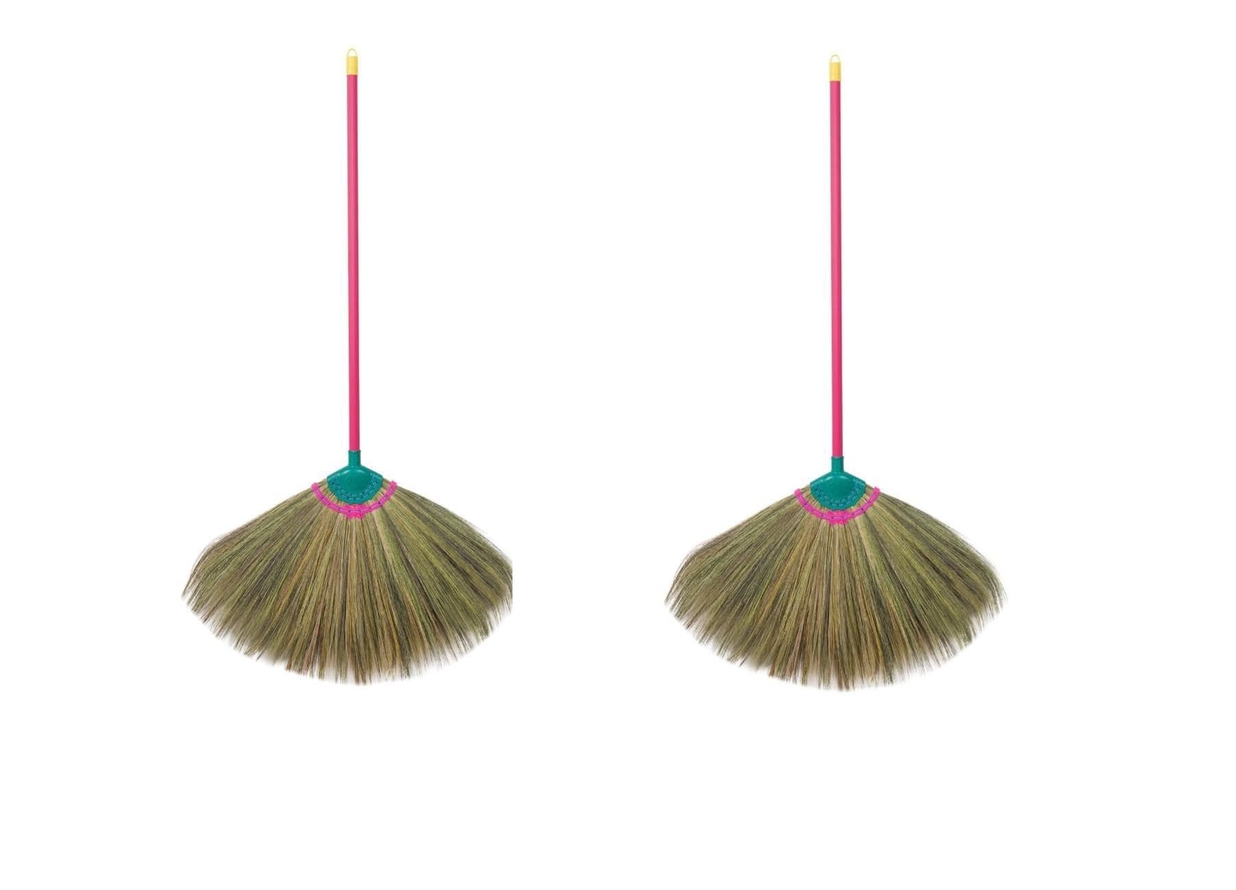Plastic Burma Broom, Straw Broom for Cleaning Floor, Housewarming Broom, Retro Grass Broom Stick, Hardwood Sweeper with Brush Power and Circle Cleaning Handmade Broom (Pack of 2)