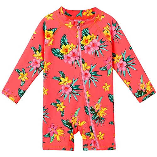 Image of HUAANIUE Toddler Girl Swimsuit Long Sleeve UPF50+ Sun Protection | Easy zipper for quick changes, Full UPF50+ coverage-play all day without sunburn worry, Perfect for beach & pool days.