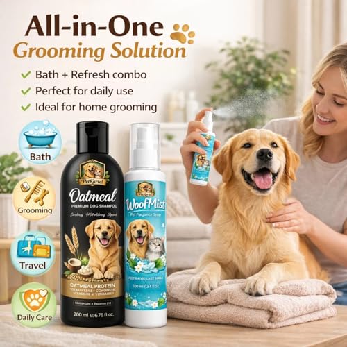 Image of Tick & Flea Dog Shampoo 200ml + WoofMist Pet Perfume Spray 100ml Combo | Anti Tick Cleansing Shampoo with Tea Tree Lemon Aloe & Long Lasting Fresh Fragrance Spray | Dog & Cat Grooming Kit