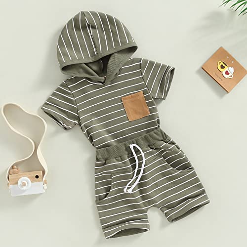 Cute Newborn Baby Boy Clothes Short Sleeve Hooded Tops With Pocket Drawstring Short Casual Summer Outfits (Army Green, 12-18 Months) #TOP2