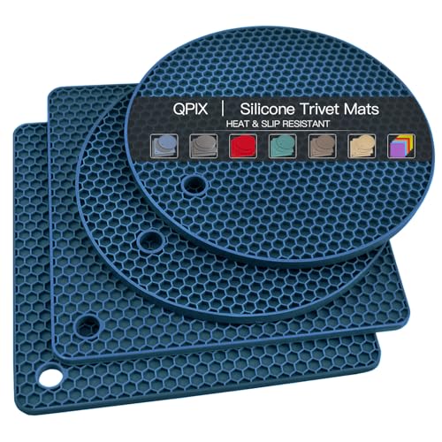 Image of Silicone Trivets for Hot Dishes, 4 PCS Multipurpose Heat Resistant Mat Thick Silicone Hot Pads Pot Holders for Kitchen Counter, Flexible Jar Opener Food Grade Spoon Holder, Indigo Coasters
