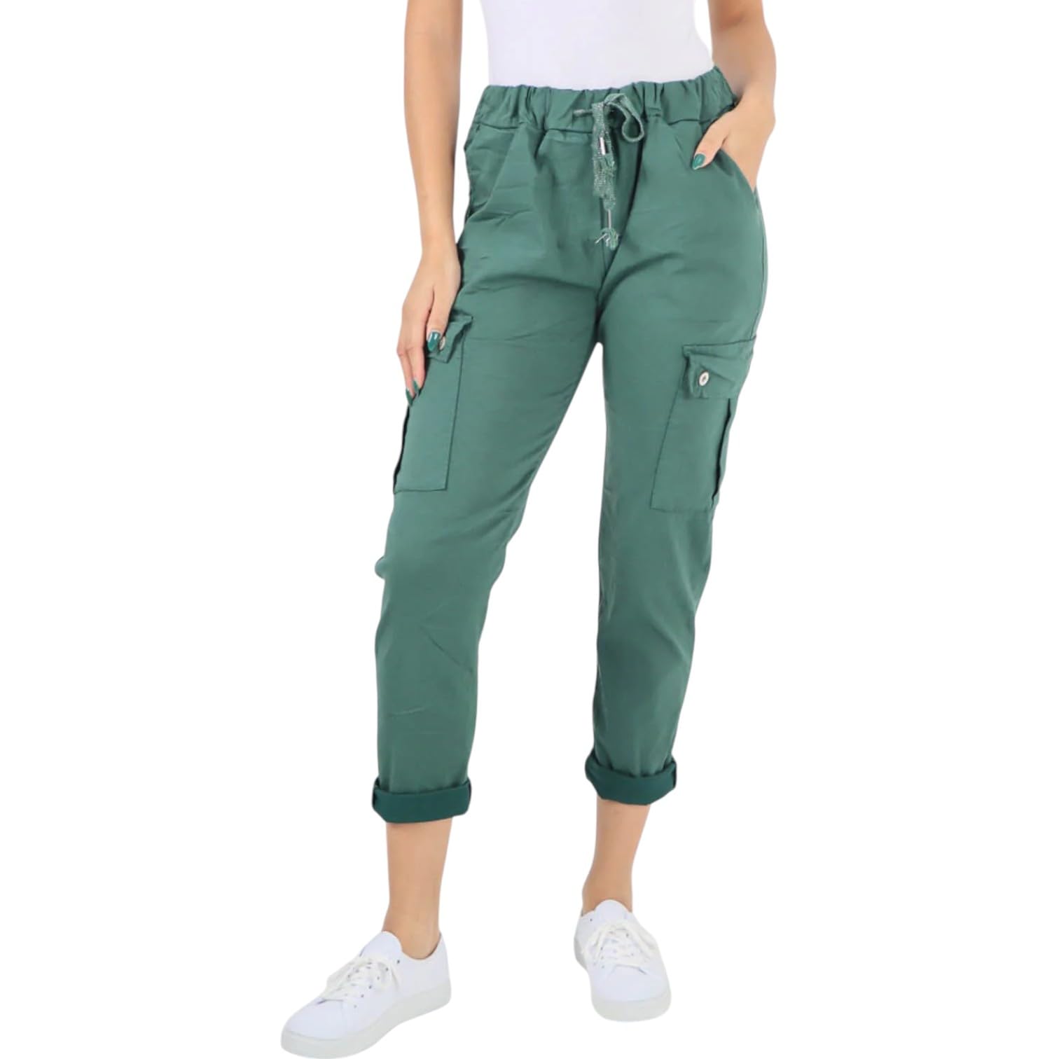 Sxme Might Say Women's Sea Green Italian Drawstring Waistband Magic Cargo Trousers For – Stylish, Comfortable & Versatile Everyday Pants (Uk, Numeric, 8, 14, Regular, Regular, )