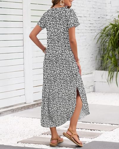 Image of MISFAY Women's Summer Maxi Dress 2026 Casual Short Sleeves V Neck Loose Sundress Split Long Beach T Shirt Dress