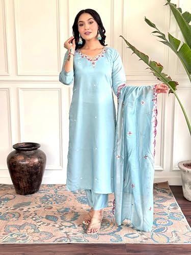 Image of Shiv Textiles Women's Viscose Rayon Embroidered Kurta Pant Dupatta Set