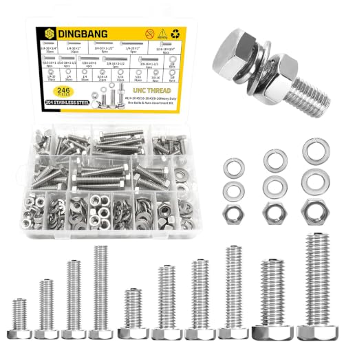 246Pcs Hex Bolts and Nuts Assortment Kit,1/4-20,5/16-18,3/8-16 Stainless Steel Assorted Hex Head Bolts and Nuts,Flat & Lock Washers Set,Fully Threaded,for Home, Auto,Electronic & Industrial Repair