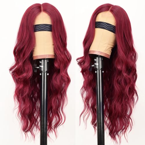 Image of AISI HAIR Bright Red Wig for Women, Long Wavy Lace Hairline Middle Part Synthetic Heat Resistant Wig for Daily Party-26 Inch