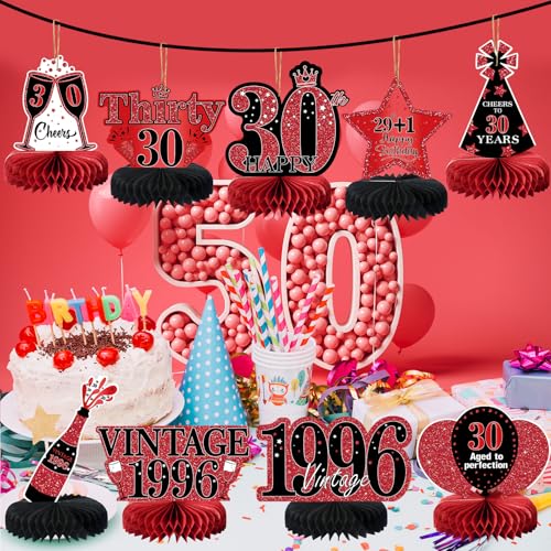 Image of 9Pcs 30th Birthday Decorations Red and Black 30th Birthday Party Decorations for Women,Happy 30 Years Vintage 1996 Aged Honeycomb Centerpieces Table Sign Decor Supplies