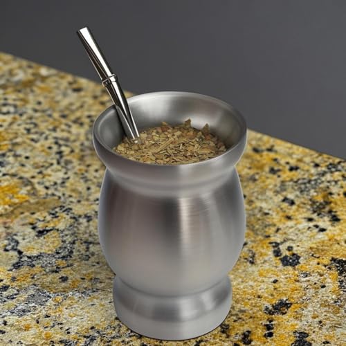 Image of Beruth 8oz Yerba Mate Cup, Double Wall 304 Stainless Steel Mate Gourd, Heat Insulated Mug & Anti-Scalding Design, Includes 2 Straws & Cleaning Brush (Silver)