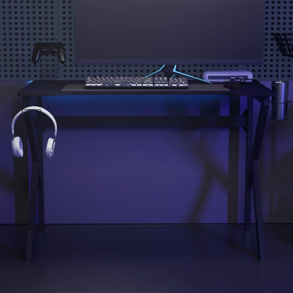 Scrivania da Gaming Nera Gambe a K Porta PC 110x60x75 cm | Tavolo porta computer per studio e cameretta con supporto per cuffie, portabicchiere e porta controller.
