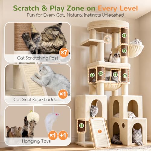 Image of Globlazer Tall Cat Tower for Indoor Adult Cats, 72-inch, S72G, Beige | Heavy Duty Cat Tree House for Big Cats with 2 Extra-Large Padded Platform, 7 Sisal Scratching Posts, 3 Large Condos