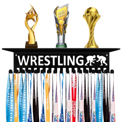 Dafftos Trophy Medal Shelf Hanger Ribbon Holder Display Wall Metal Rack Organizer Frame Awards Ribbon Cheer Gymnastics Soccer Softball Wrestling Runner Race Hold Medals Easy to Install