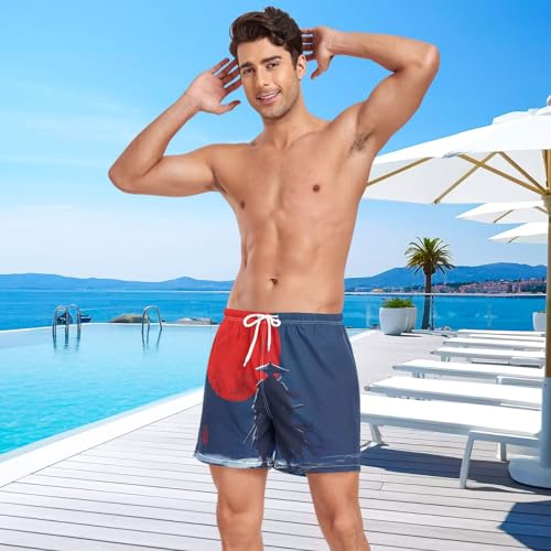 Samurai Moon Red Black Mens Swim Trunks with Liner, Cool Quick Dry Beach Swim Shorts, Swimwear Bathing Suits S4
