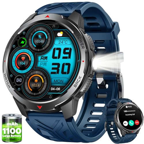 Orologio Smartwatch Uomo con Chiamate e Torcia: Orologi Smart Watch Fitness 1,8' Rotondo Militare Touch Grande Screen Bluetooth 3ATM Impermeabile Cardiofrequenzimetro Sport pressione 1100mAh Bussola