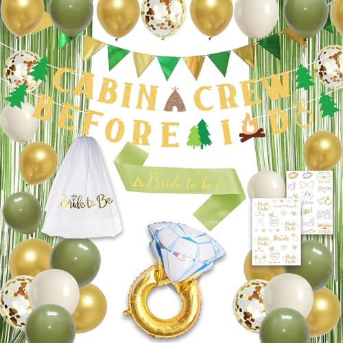Roetyce Camp Bachelorette Party Decorations Green Bride To Be Sash Veil Fringe Curtain Cabin Crew Before I Do Banner Balloons Temporary Tattoos Kit Camping Themed Bridal Shower Wedding Decorations