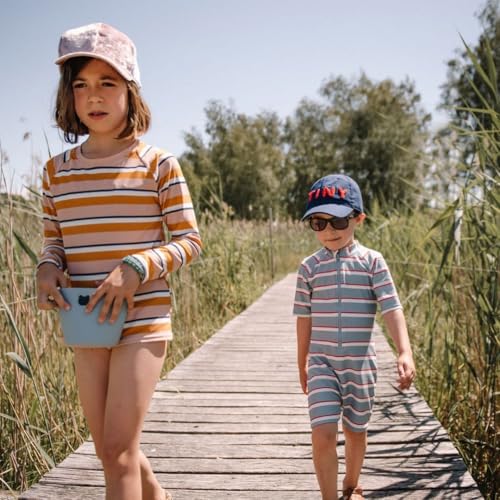 Image of Girls One Piece Swimsuit Zipper Long Sleeve Rash Guard Green Striped Sunsuit Seersucker Bathing Suit with Ruffle Butt
