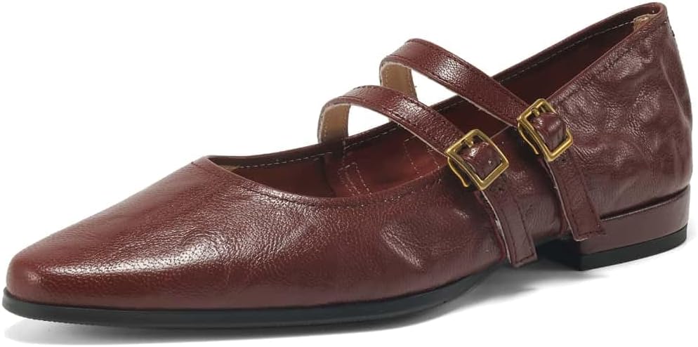 TinaCus Handmade Women's Genuine Leather Pointed Toe Double Straps Mary Jane Ballet Flats