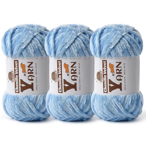 Image of 3 Pack Plush Chenille Chunky Yarn - Fluffy Velvet Yarns Crochet for Blanket Knitting and Crocheting - Soft Baby Yarn for Crocheting - Amigurumi Crochet Yarns 100g (87yds) (Azure)