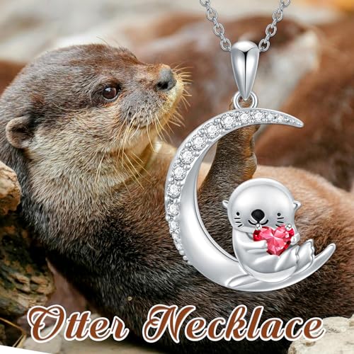 Image of PROESS Animal Birthstone Necklace 925 Sterling Silver Otter /Axolotl /Hippo /Elephant /Dachshund /Monkey /Red Panda Pendant Necklace Animal Birthstone Jewelry Gifts for Women