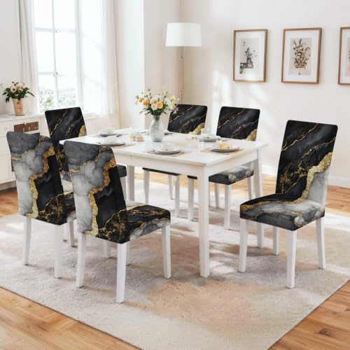 Image of Black Marble Dining Chair Covers Set of 4, Gold Vein Slipcovers