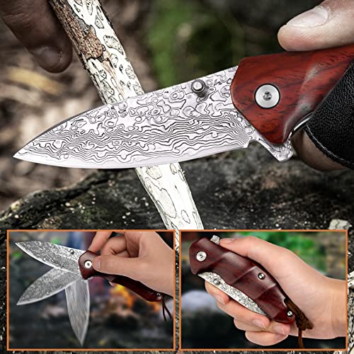 Aubey Damascus Pocket Knife Edc Knife Vg10- Damascus Steel Folding Knife Wooden Handle, One-Handed Damascus Pocket Knife For Men Outdoor Sharp #TOP2