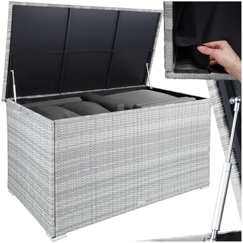 tectake® Aluminium Polyrattan Aufbewahrungsbox mit Deckel, 750L, Gartenkiste wetterfest, Gartenbox mit Gasdruckfedern, Garten Auflagenbox, UV-beständig, rostfrei, Stauraum, 145x82,5x79,5 cm - hellgrau tectake® Aluminium Polyrattan Aufbewahrungsbox mit Deckel, 750L, Gartenkiste wetterfest, Gartenbox mit Gasdruckfedern, Garten Auflagenbox, UV-beständig, rostfrei, Stauraum, 145x82,5x79,5 cm - hellgrau