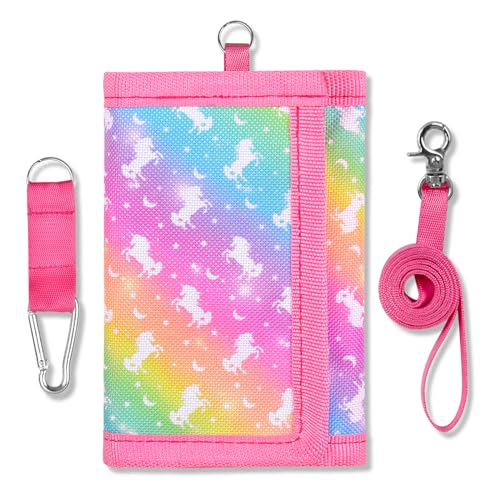 Carteira infantil para meninas, de 4 a 12 anos, com três dobras, bolso para moedas com zíper e porta-cartões, presente de aniversário e Natal, Unicórnio arco-íris