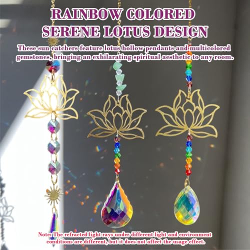 Image of HASTHIP 3 Pcs Lotus Color Crystal Stone Hanging, Suncatcher Wall Hanging Ornaments, Cutout Lotus Charm Zen Decor Rainbow Beaded Gem Suncatcher Wind Chime for Door, Window, Room
