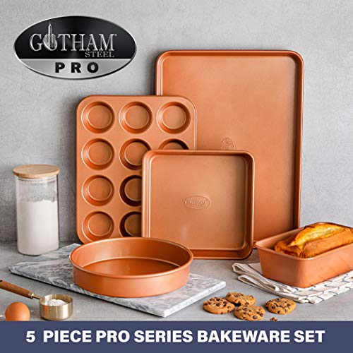 Gotham Steel Non Stick Ceramic Bakeware Set, 5 Piece No Warp & Dishwasher Safe Baking Set, Baking Pans Set With Round & Square Baking Pan, Muffin Pan, Loaf Pan & Baking Sheet For Oven, 100% Pfoa Free #TOP5