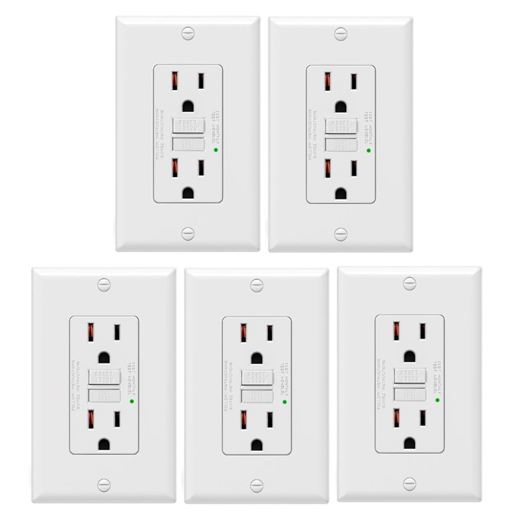 Littimoon 5Pack GFCI Outlets 15 Amp,Non-Tamper,Decor GFI Receptacles with LED Indicator,Ground Fault Circuit Interrupter