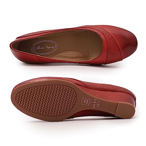 Image of Mona flying Women's Leather Closed Toe Mid Heel Wedges Comfy Dress Pumps