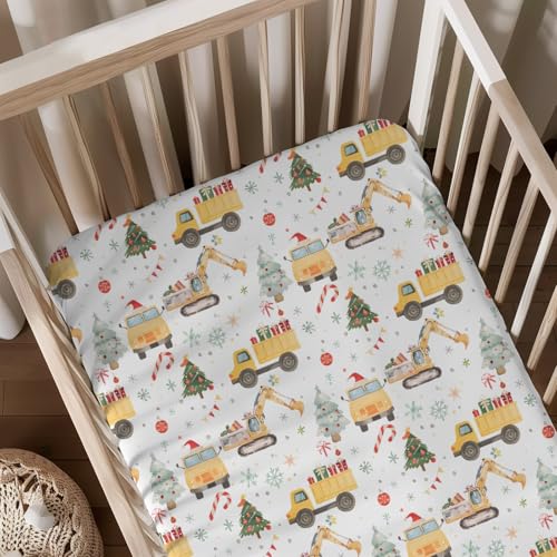 Christmas Theme Car Construction Trucks Trees Snowflakes Transportation Pattern Baby Sheets for Crib Unisex Christmas Nursery Fitted Bed Sheet for Boys Girls Standard Crib and Toddler Mattress-28x52