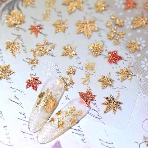 Fall Maple Leaf Nail Art Stickers Decals Glitter Autumn Nail Stickers 1PCS 3D Self-Adhesive Cute Fall Sticker for Nail Gold Leaf Nail Decals for Women DIY Manicure Supplies Accessories - Image 6