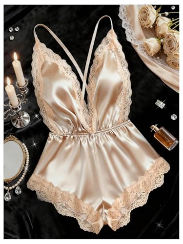 Image of SHENHE Women's Lace Trim Satin Lingerie Romper Deep V Pajama Sleepwear