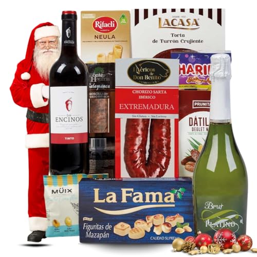 Familycom.Cesta Navidad Gourmet. Surtido con Chocolates originales de regalo. Lote de Turrón, Mantecados, Polvorones, Embutidos, Selección de Vinos y Champagne, Dátiles y Barquillos.