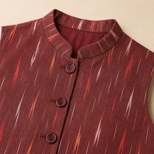 Image of Vastraa Fusion Women's Ikat Cotton Nehru Jacket Printed Waistcoat Sleeveless Mandarin Collar Button Front Ethnic Casual Wear