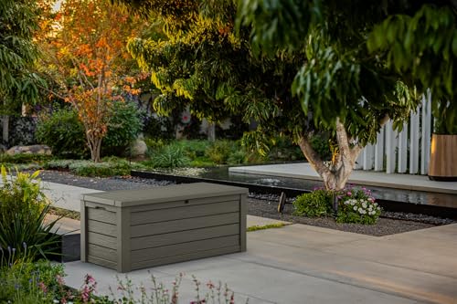 Image of Keter Westwood 150 Gallon Resin Large Outdoor Storage Box for Patio Furniture, Outdoor Cushions, Garden Tools and Pool Floats, Taupe | Taupe, Resin, Large, Weatherproof, Lockable, Hydraulic Pistons, Easy Assembly, Organization, Patio Cushions Storage