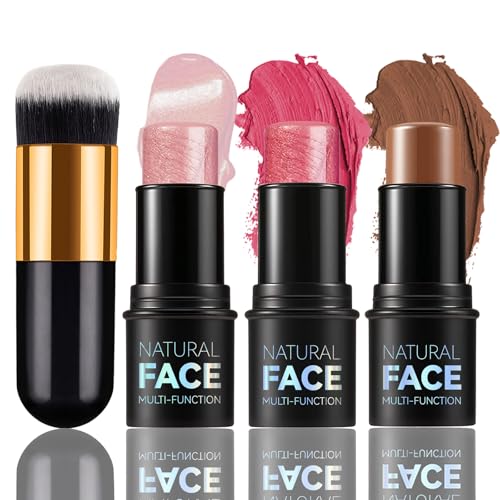 MKNZOME 3PCS Colorete en Crema Contour Stick Iluminador En Stick, MKNZOME Creamy Stick Blush Contorno Maquillaje Iluminadores de Maquillaje with Brush, Impermeable, para Maquillaje Mujer Niña