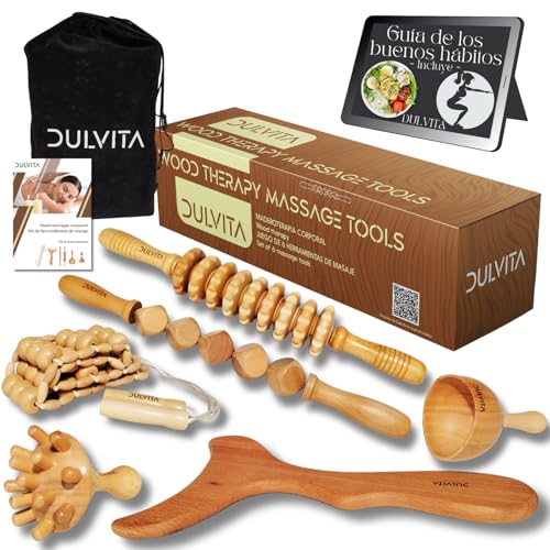 DULVITA® Kit Maderoterapia Corporal Profesional, con 6 Elementos de Maderoterapia y Bolsa Transporte, Set de Maderoterapia Celulitis que Incluye Guía de Buenos Hábitos