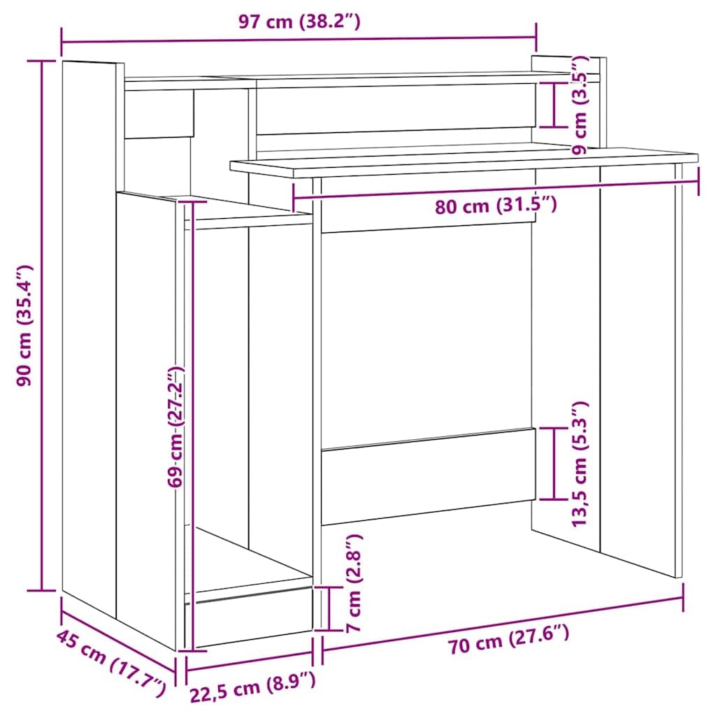 Scrivania con LED, effetto legno anticato, 97 x 45 x 90 cm, per home office, postazione di lavoro con alimentazione USB e 3 ripiani, per laptop e ordine