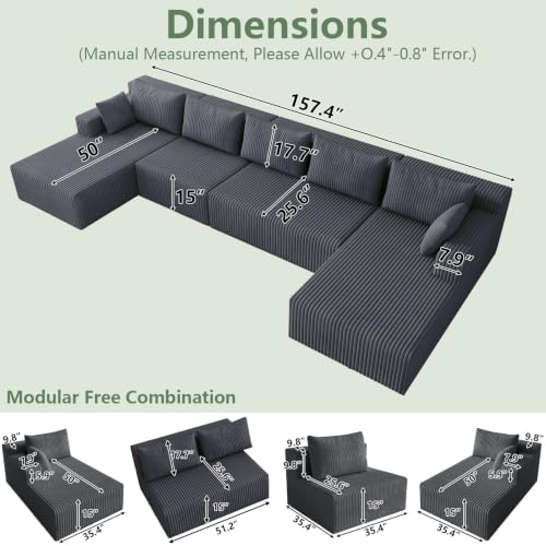 Image of 160 inch Modular Sectional Sleeper Sofa, Boneless Cloud Couch for Living Room, U Shaped 3 Seat Sofa with Deep Seat, Free Combination, Couch in a Box, No Assembly Required (Dark Grey)