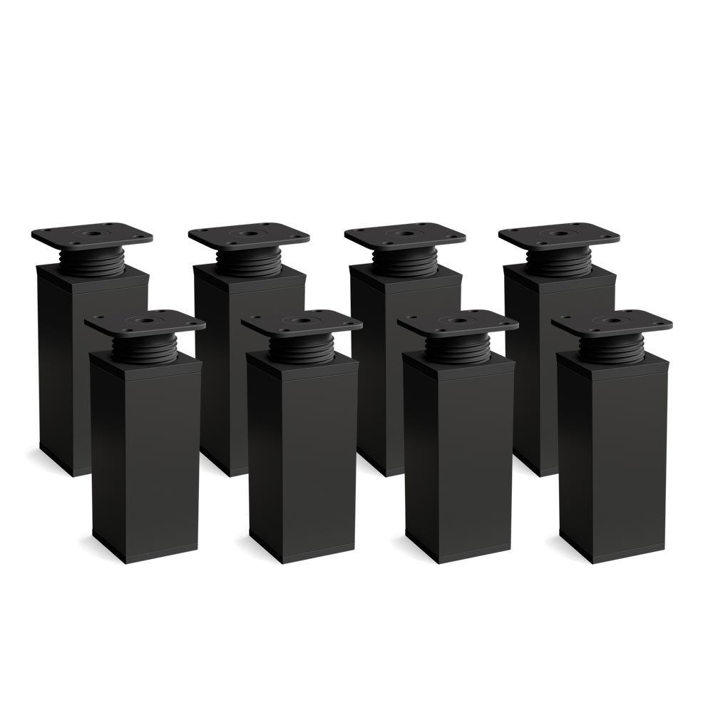 sossai® - stopki meblowe MFV1 | komplet/zestaw 8 sztuk | stopki kwadratowe 40 x 40mm | kolor: czarny mat | wysokość: 80mm z możliwością regulacji +20mm | tworzywo: aluminium | zestaw wkrętów do drewna