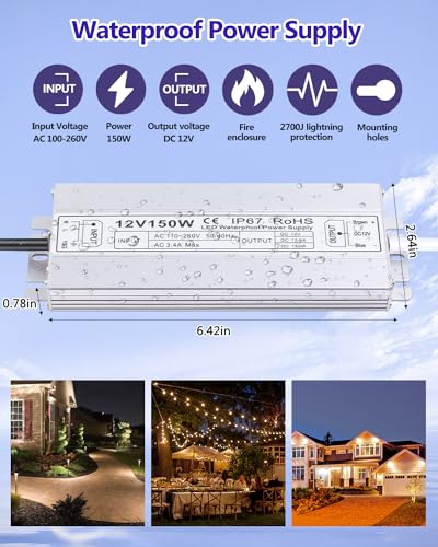 Image of LED Driver 150W 12V DC Low Voltage Transformer,Waterproof IP67 LED Power Supply, Adapter 100V-260V AC Ultra Thin Converter for Any Indoor Outdoor 12V LED Lights